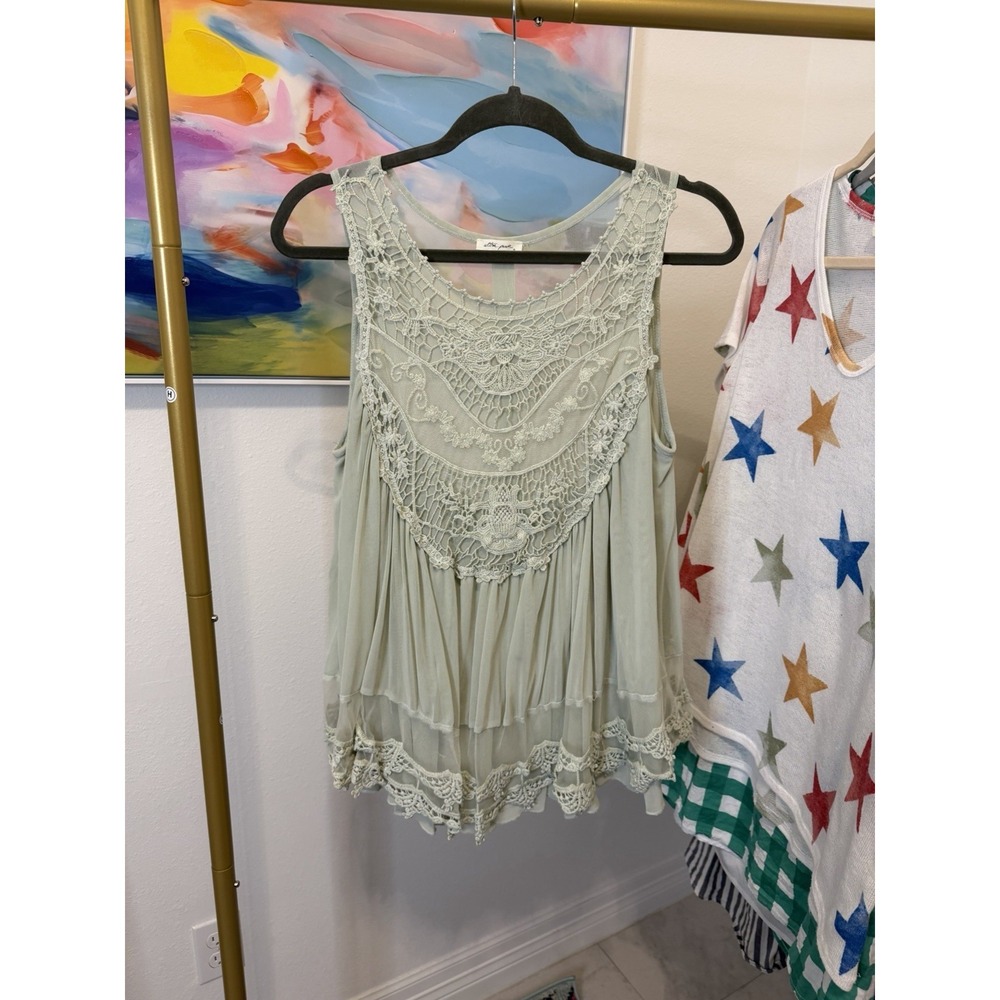 Ultra Pink Mint Green Embroidered Lace Sleeveless Top Fairy Boho Romantic Medium